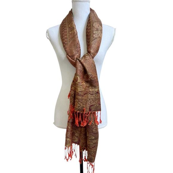 PASHMINA VINTAGE Scarf Shawl Wrap Gold Brown Orange One Size 27.5" x 68" Fringe - Picture 2 of 3